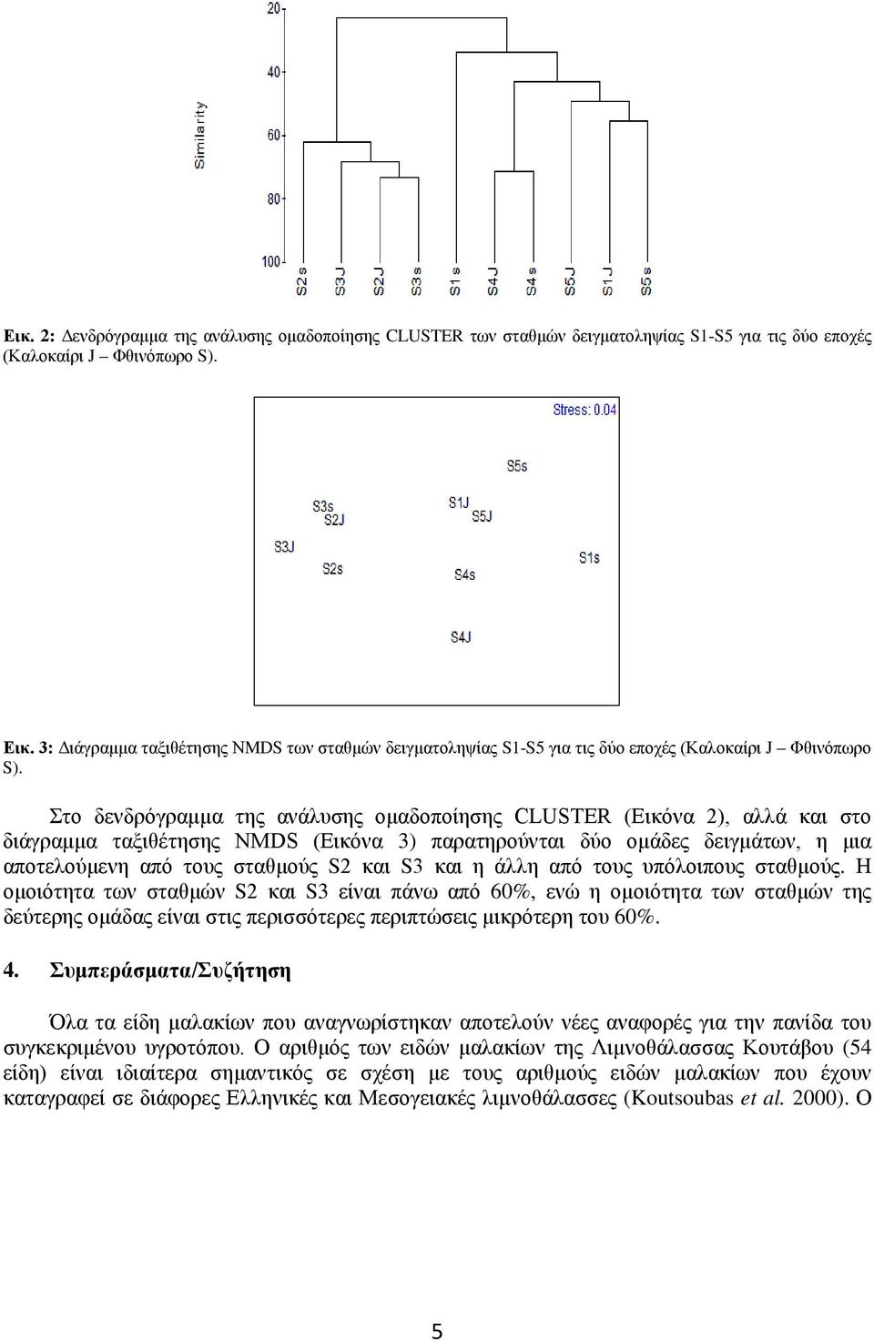 Στο δενδρόγραμμα της ανάλυσης ομαδοποίησης CLUSTER (Εικόνα 2), αλλά και στο διάγραμμα ταξιθέτησης ΝMDS (Εικόνα 3) παρατηρούνται δύο ομάδες δειγμάτων, η μια αποτελούμενη από τους σταθμούς S2 και S3