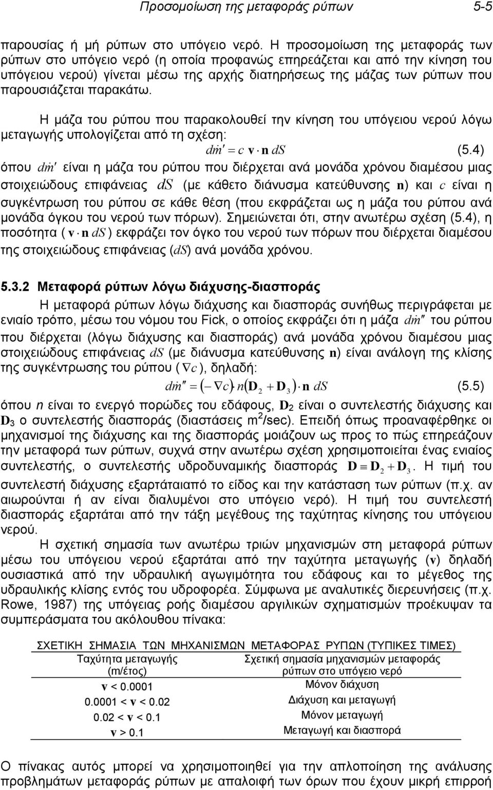 παρακάτω. Η μάζα του ρύπου που παρακολουθεί την κίνηση του υπόγειου νερού λόγω μεταγωγής υπολογίζεται από τη σχέση: dm = c v n ds (5.