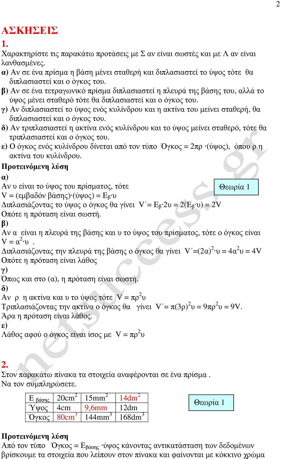 β) Αν σε ένα τετραγωνικό πρίσµα διπλασιαστεί η πλευρά της βάσης του, αλλά το ύψος µένει σταθερό τότε θα διπλασιαστεί και ο όγκος του.