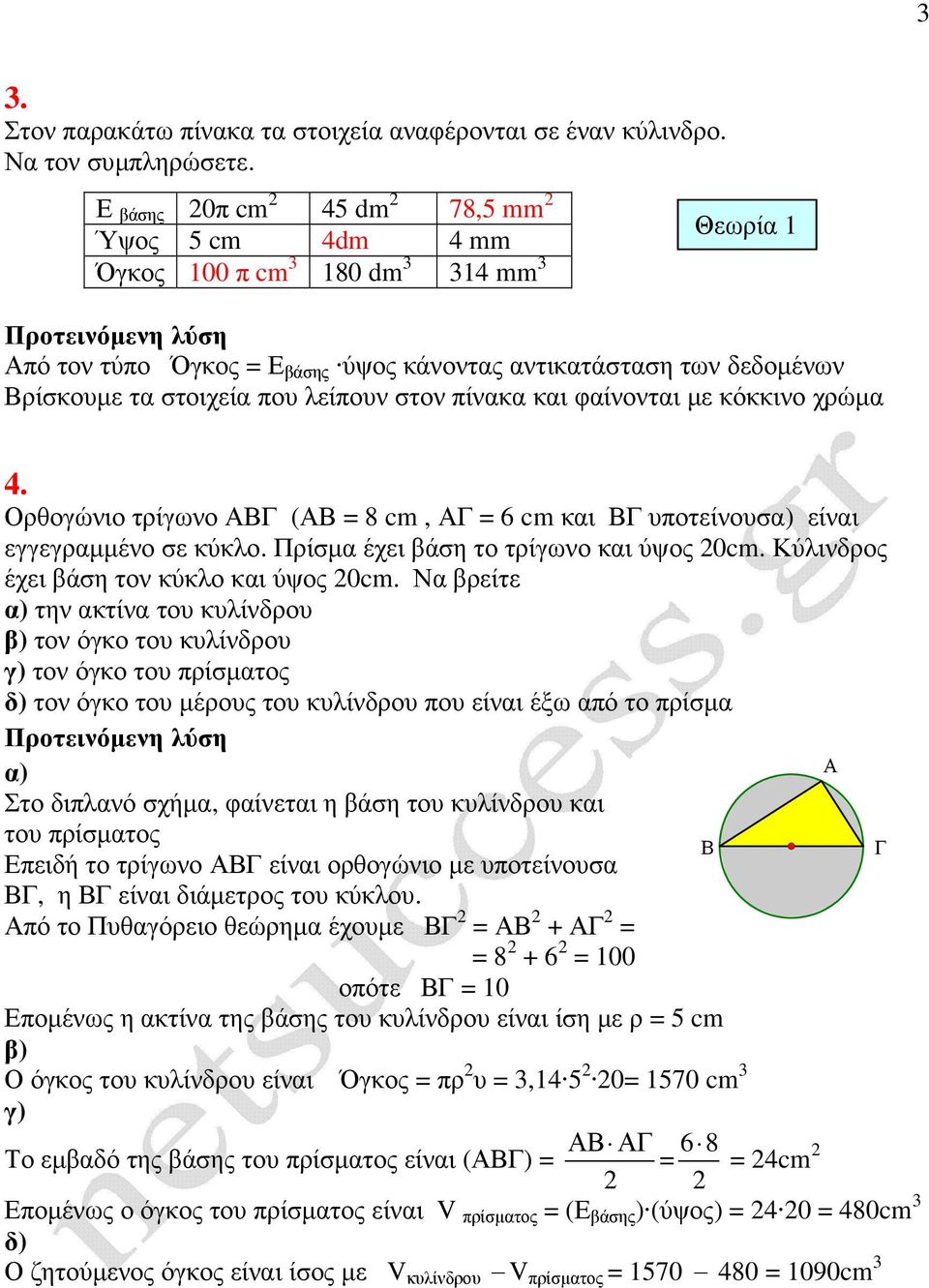 λείπουν στον πίνακα και φαίνονται µε κόκκινο χρώµα 4. Ορθογώνιο τρίγωνο ΑΒΓ (ΑΒ = 8 cm, ΑΓ = 6 cm και ΒΓ υποτείνουσα) είναι εγγεγραµµένο σε κύκλο. Πρίσµα έχει βάση το τρίγωνο και ύψος 20cm.