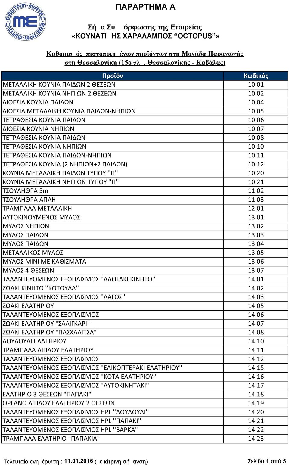 12 ΚΟΥΝΙΑ ΜΕΤΑΛΛΙΚΗ ΠΑΙΔΩΝ ΤΥΠΟΥ ''Π'' 10.20 ΚΟΥΝΙΑ ΜΕΤΑΛΛΙΚΗ ΝΗΠΙΩΝ ΤΥΠΟΥ ''Π'' 10.21 ΤΣΟΥΛΗΘΡΑ 3m 11.02 ΤΣΟΥΛΗΘΡΑ ΑΠΛΗ 11.03 ΤΡΑΜΠΑΛΑ ΜΕΤΑΛΛΙΚΗ 12.01 ΑΥΤΟΚΙΝΟΥΜΕΝΟΣ ΜΥΛΟΣ 13.01 ΜΥΛΟΣ ΝΗΠΙΩΝ 13.