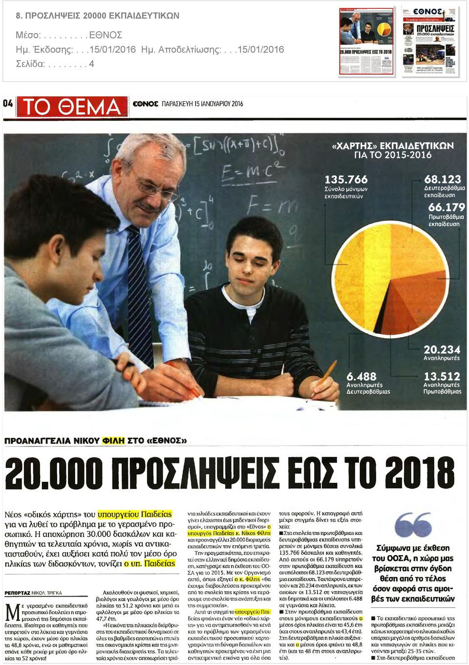 000 ΠΡΟΣΛΗΨΕΙΣ ΕΩΣ ΤΟ 2010 Neos οδικός χάρτης του υπουργείου Παιδείας για να λυθεί το πρόβλημα με το γερασμένο προσωπικό Η αποχώρηση 30.