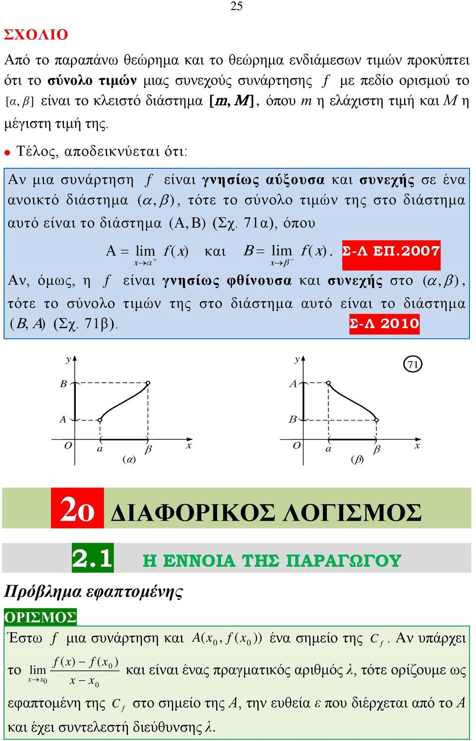7 β f γνησίως φθίνουσα συνεχής ( α, β ), ( B, A) Σ-Λ y y 7 B A O a ( ) O a ( )