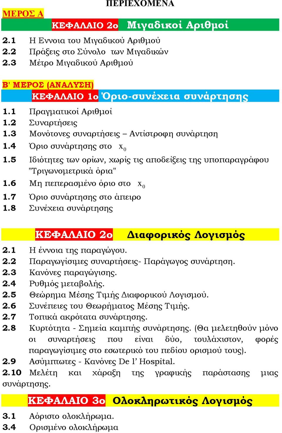 6 Μη πεπερασμένο όριο στο.7 Όριο συνάρτησης στο άπειρο.8 Συνέχεια συνάρτησης ΚΕΦΑΛΑΙΟ o Διαφορικός Λογισμός. Η έννοια της παραγώγου.. Παραγωγίσιμες συναρτήσεις- Παράγωγος συνάρτηση.