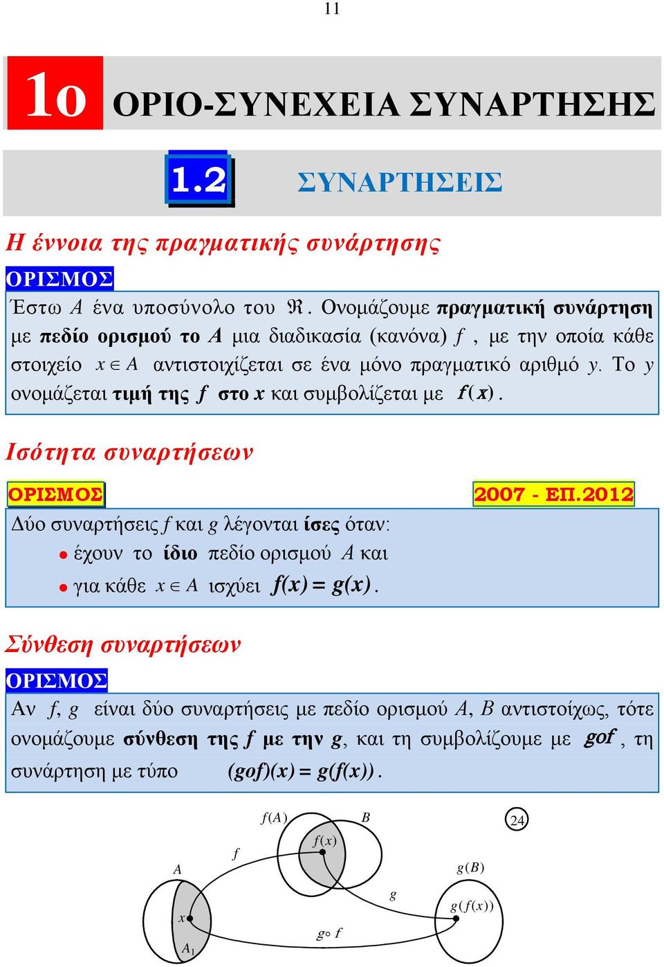 πραγματική συνάρτηση πεδίο ορισμού το Α f, A y y τιμή της f στο f ().