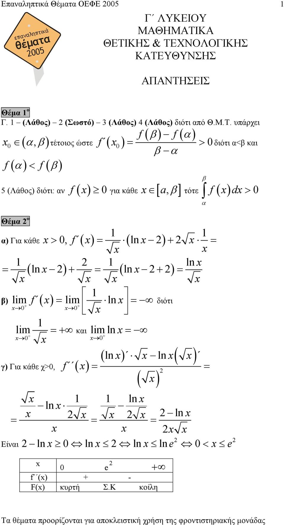 υπάρχει f ( α β ) τέτοιος ώστε f ( ), ( α ) < f ( β ) f ( β ) f ( α ) = > β α διότι α<β και 5 (Λάθος) διότι: αν f ( ) για κάθε [ aβ, ] τότε f ( )