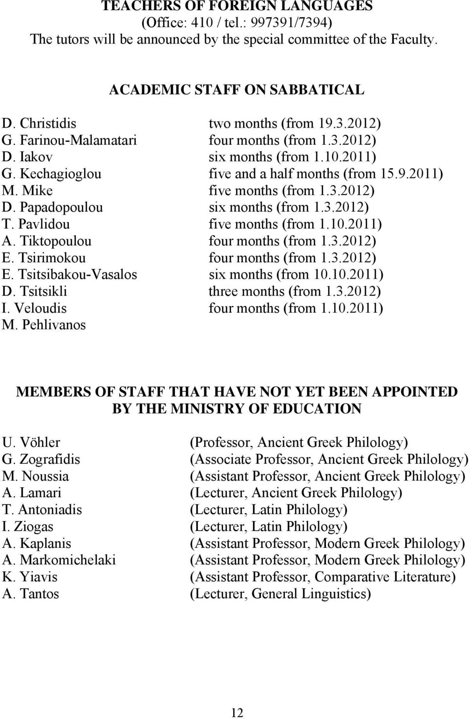 3.2012) T. Pavlidou five months (from 1.10.2011) A. Tiktopoulou four months (from 1.3.2012) E. Tsirimokou four months (from 1.3.2012) E. Tsitsibakou-Vasalos six months (from 10.10.2011) D.
