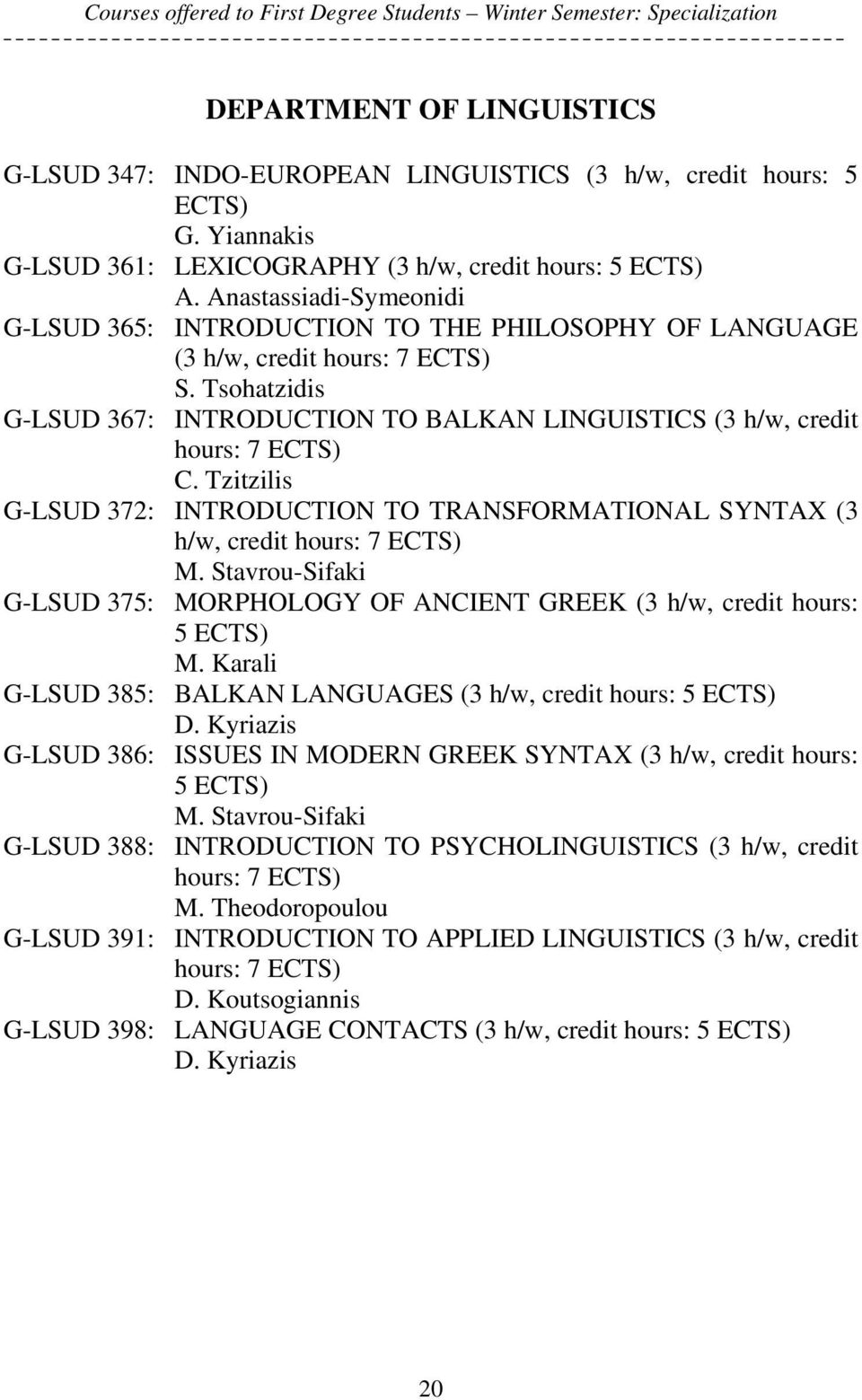 Tsohatzidis G-LSUD 367: INTRODUCTION TO BALKAN LINGUISTICS (3 h/w, credit hours: 7 ECTS) C. Tzitzilis G-LSUD 372: INTRODUCTION TO TRANSFORMATIONAL SYNTAX (3 h/w, credit hours: 7 ECTS) M.