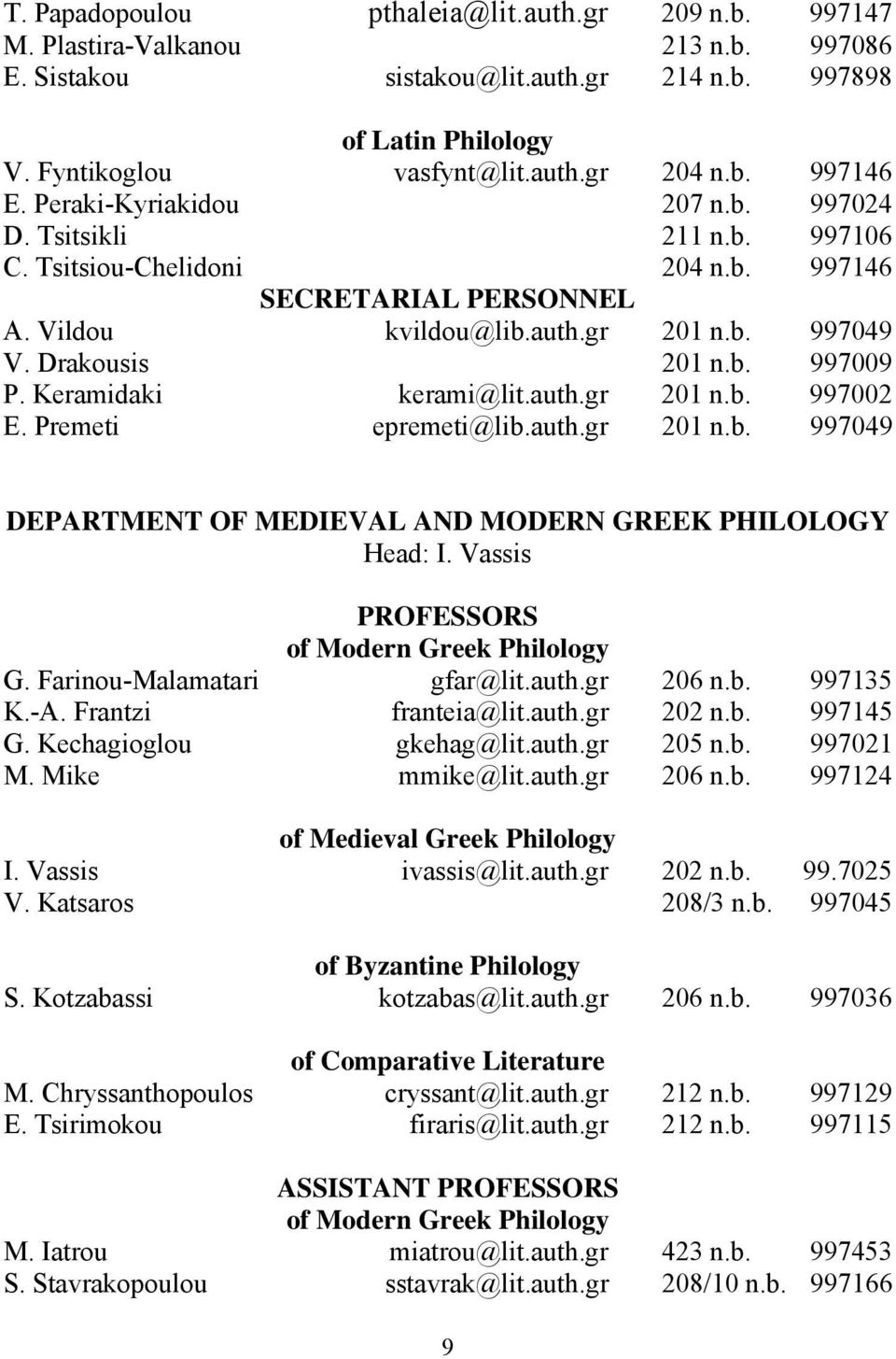 Drakousis 201 n.b. 997009 P. Keramidaki kerami@lit.auth.gr 201 n.b. 997002 E. Premeti epremeti@lib.auth.gr 201 n.b. 997049 DEPARTMENT OF MEDIEVAL AND MODERN GREEK PHILOLOGY Head: I.