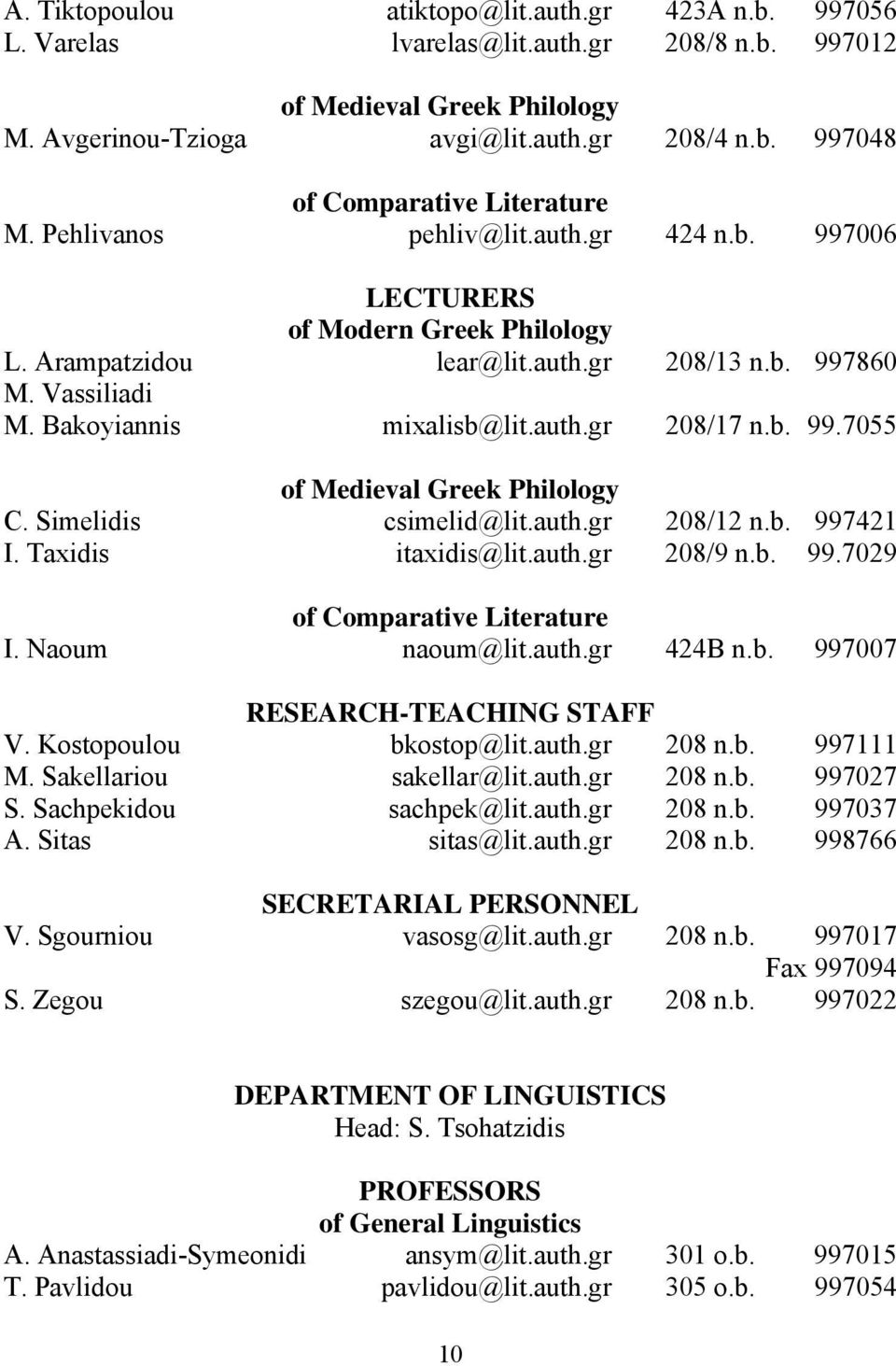 Simelidis csimelid@lit.auth.gr 208/12 n.b. 997421 I. Taxidis itaxidis@lit.auth.gr 208/9 n.b. 99.7029 of Comparative Literature I. Naoum naoum@lit.auth.gr 424B n.b. 997007 RESEARCH-TEACHING STAFF V.