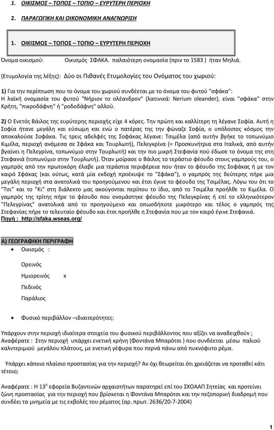 (Ετυμολογία της λέξης): Δύο οι Πιθανές Ετυμολογίες του Ονόματος του χωριού: 1) Για την περίπτωση που το όνομα του χωριού συνδέεται με το όνομα του φυτού "σφάκα": Η λαϊκή ονομασία του φυτού "Νήριον το