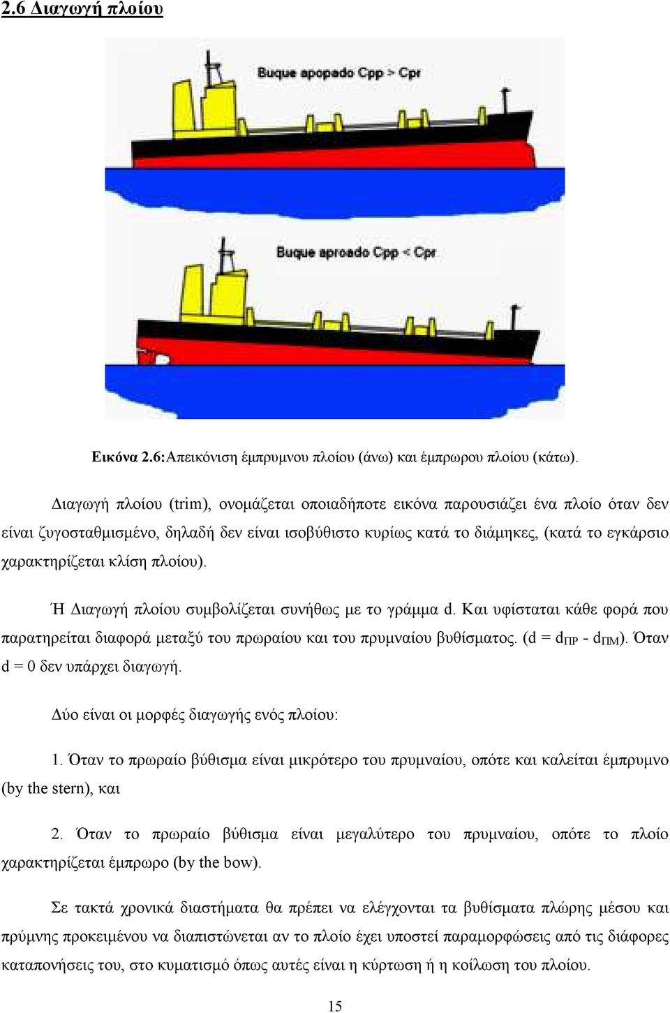 πλοίου). Ή ιαγωγή πλοίου συµβολίζεται συνήθως µε το γράµµα d. Και υφίσταται κάθε φορά που παρατηρείται διαφορά µεταξύ του πρωραίου και του πρυµναίου βυθίσµατος. (d = d ΠΡ - d ΠM ).