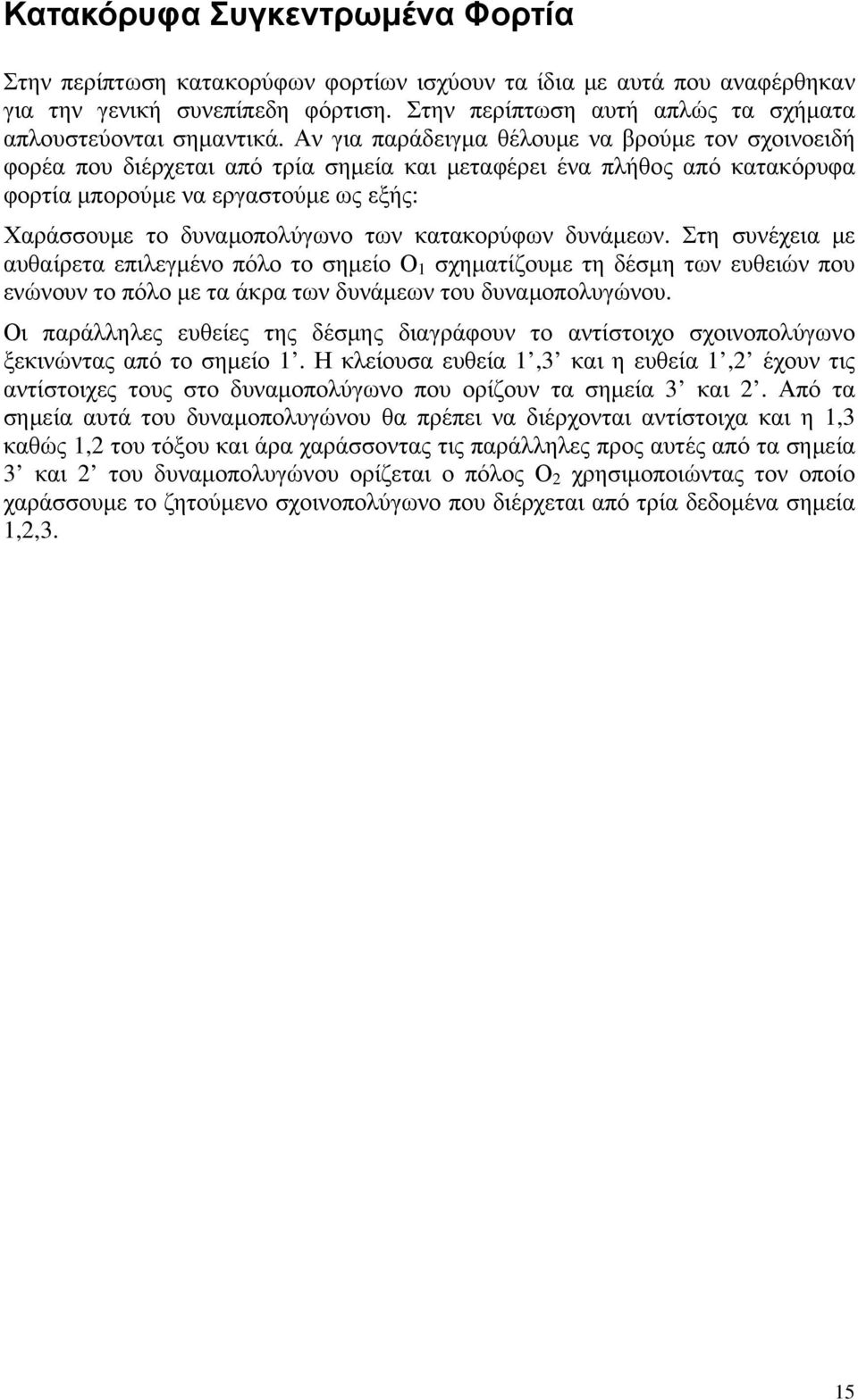 Αν για παράδειγμα θέλουμε να βρούμε τον σχοινοειδή φορέα που διέρχεται από τρία σημεία και μεταφέρει ένα πλήθος από κατακόρυφα φορτία μπορούμε να εργαστούμε ως εξής: Χαράσσουμε το δυναμοπολύγωνο των