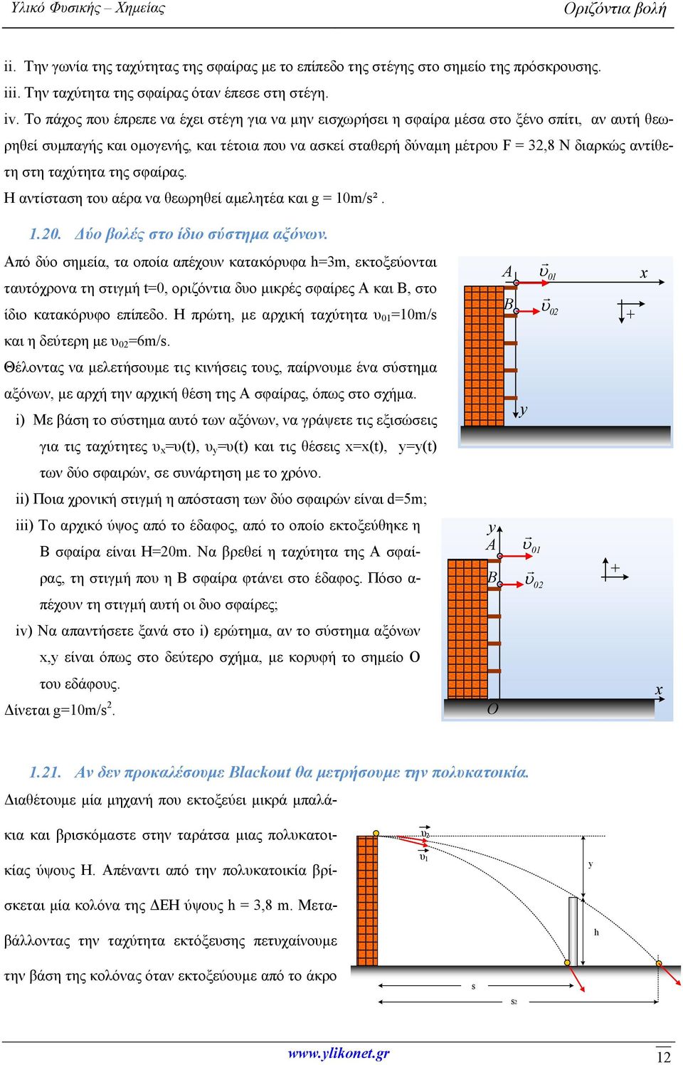 στη ταχύτητα της σφαίρας. Η αντίσταση του αέρα να θεωρηθεί αμελητέα και g = 10m/s². 1.20. Δύο βολές στο ίδιο σύστημα αξόνων.