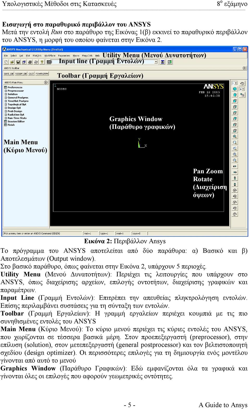 Περιβάλλον Ansys Το πρόγραµµα του ANSYS αποτελείται από δύο παράθυρα: α) Βασικό και β) Αποτελεσµάτων (Output window). Στο βασικό παράθυρο, όπως φαίνεται στην Εικόνα 2, υπάρχουν 5 περιοχές.