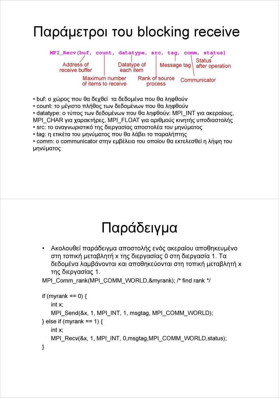 MPI_INT για ακεραίους, MPI_CHAR για χαρακτήρες, MPI_FLOAT για αριθμούς κινητής υποδιαστολής src: το αναγνωριστικό της διεργασίας αποστολέα του μηνύματος tag: η ετικέτα του μηνύματος που θα λάβει το