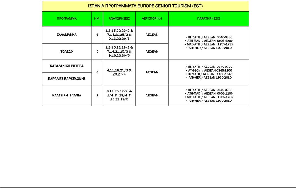 9,16,23,30/5 HER-ATH / 0640-0730 ATH-MAD / 0905-1200 MAD-ATH / 1255-1735 ATH-HER / 1920-2010 ΚΑΤΑΛΑΝΙΚΗ ΡΙΒΙΕΡΑ ΠΑΡΑΛΙΕΣ ΒΑΡΚΕΛΩΝΗΣ 8