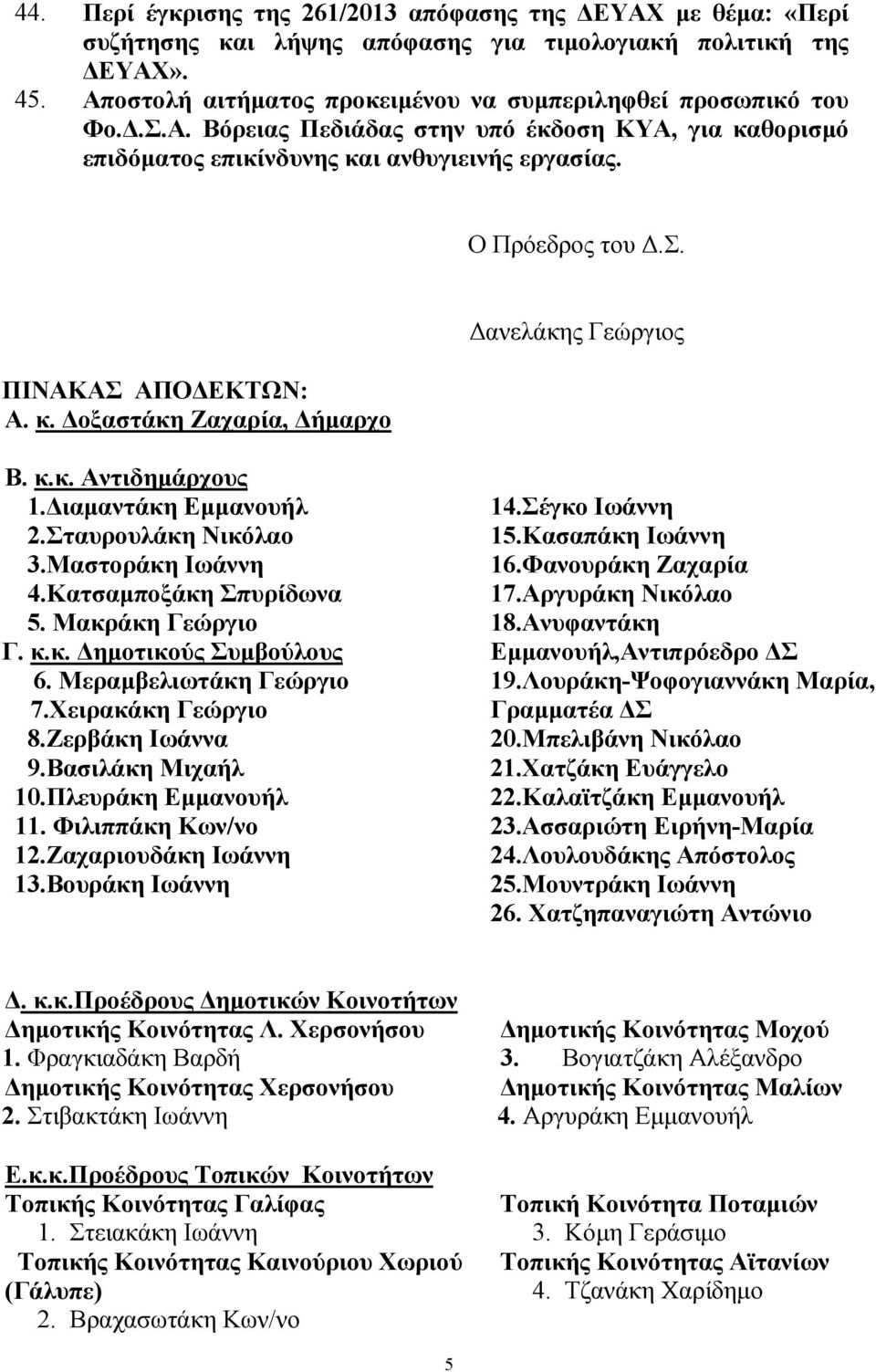 ιαµαντάκη Εµµανουήλ 2.Σταυρουλάκη Νικόλαο 3.Μαστοράκη Ιωάννη 4.Κατσαµποξάκη Σπυρίδωνα 5. Μακράκη Γεώργιο Γ. κ.κ. ηµοτικούς Συµβούλους 6. Μεραµβελιωτάκη Γεώργιο 7.Χειρακάκη Γεώργιο 8.Ζερβάκη Ιωάννα 9.