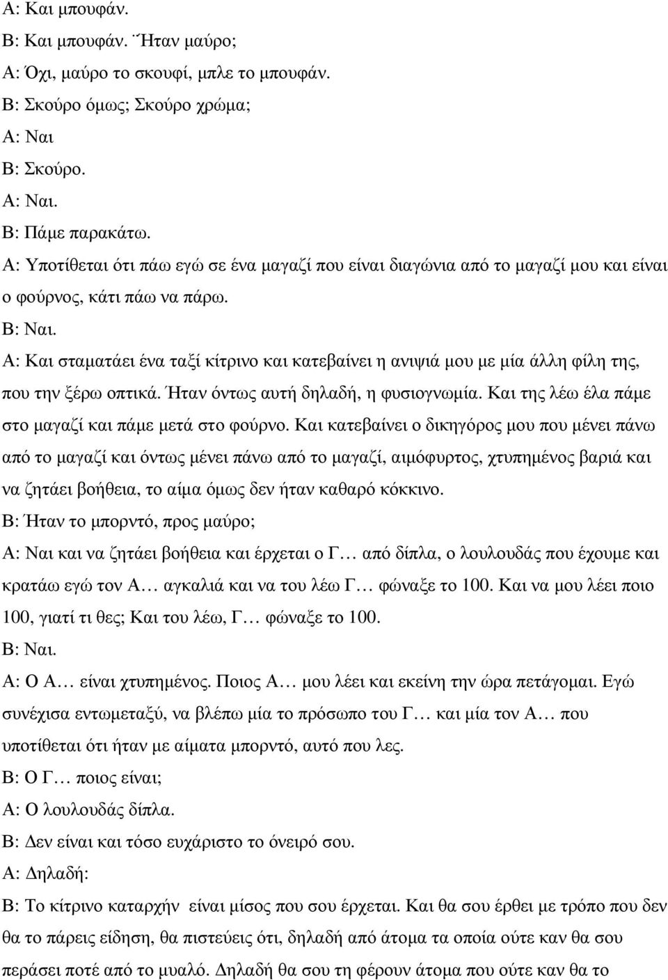 Α: Και σταµατάει ένα ταξί κίτρινο και κατεβαίνει η ανιψιά µου µε µία άλλη φίλη της, που την ξέρω οπτικά. Ήταν όντως αυτή δηλαδή, η φυσιογνωµία.