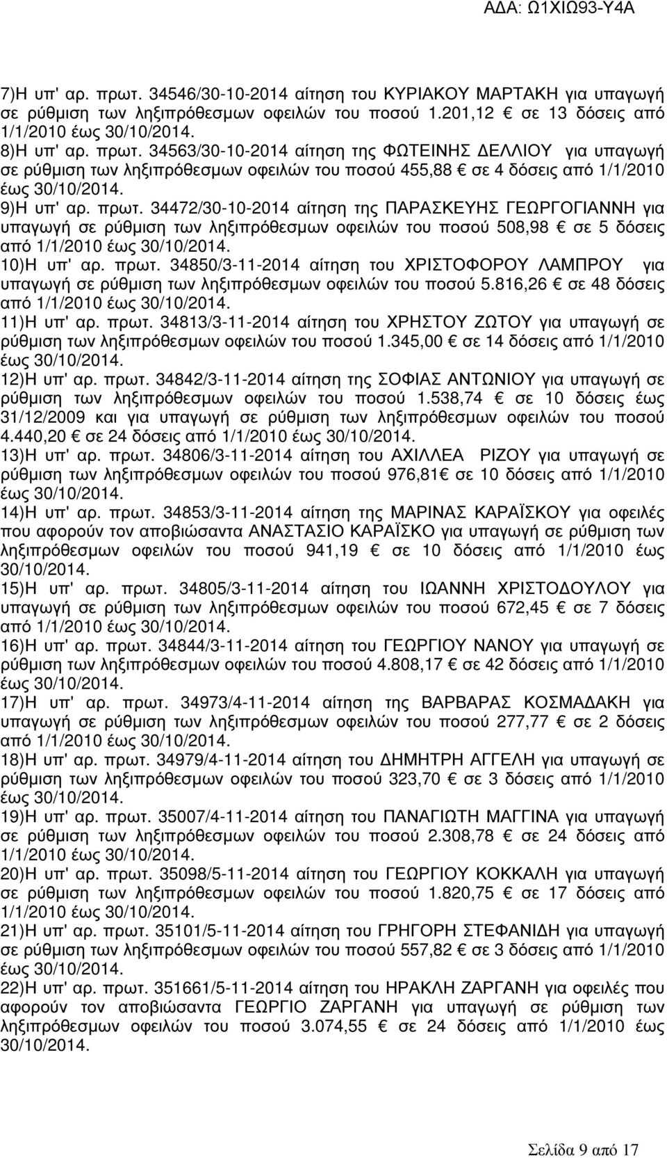34850/3-11-2014 αίτηση του ΧΡΙΣΤΟΦΟΡΟΥ ΛΑΜΠΡΟΥ για υπαγωγή σε ρύθµιση των ληξιπρόθεσµων οφειλών του ποσού 5.816,26 σε 48 δόσεις από 1/1/2010 11)Η υπ' αρ. πρωτ.