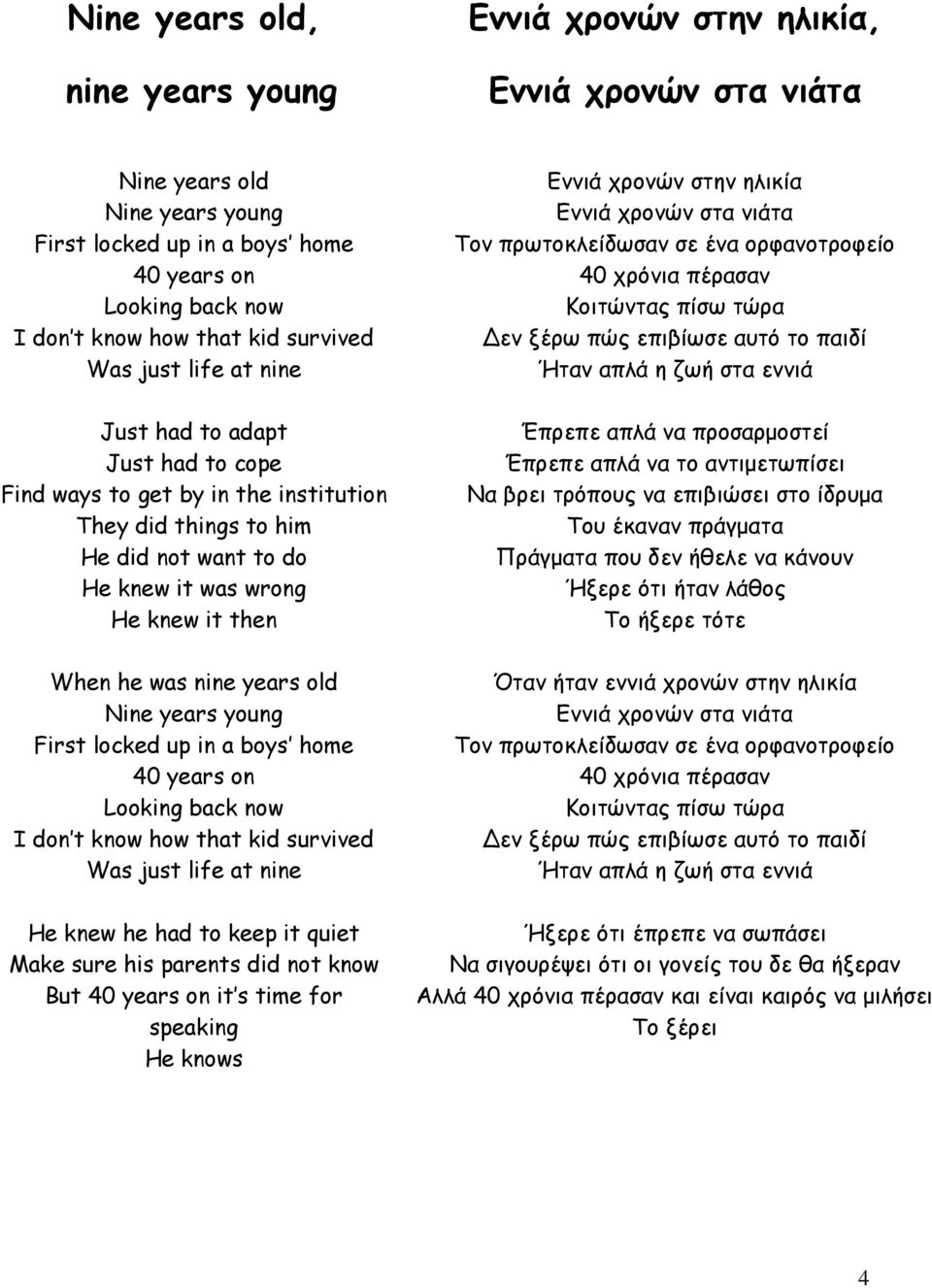 nine years old Nine years young First locked up in a boys home 40 years on Looking back now I don t know how that kid survived Was just life at nine He knew he had to keep it quiet Make sure his