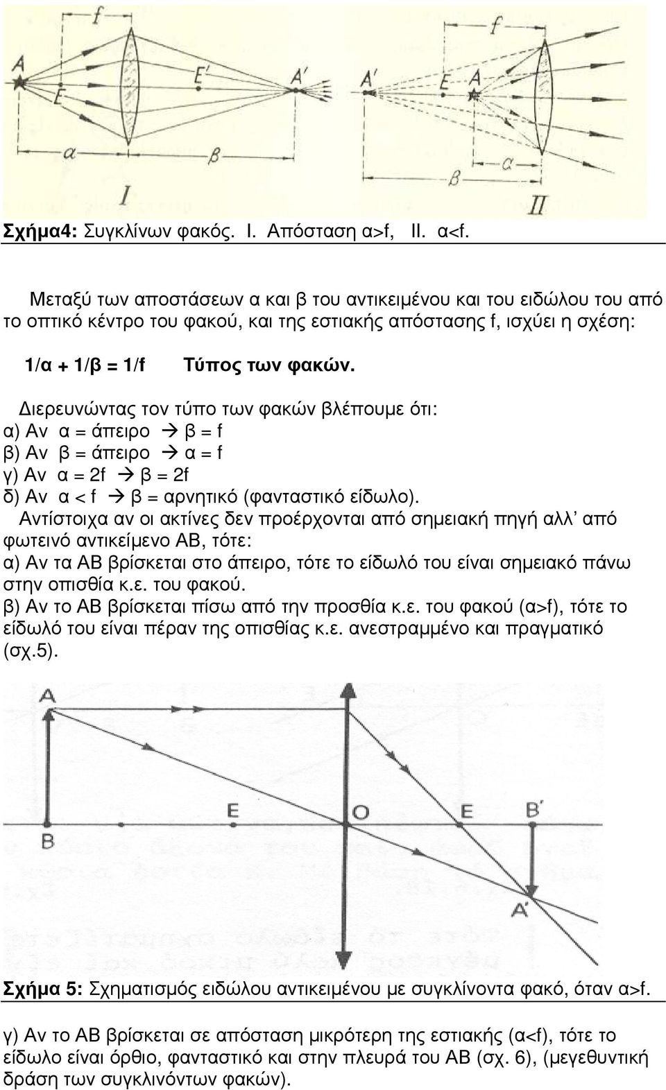 ιερευνώντας τον τύπο των φακών βλέπουµε ότι: α) Αν α = άπειρο β = f β) Αν β = άπειρο α = f γ) Αν α = 2f β = 2f δ) Αν α < f β = αρνητικό (φανταστικό είδωλο).
