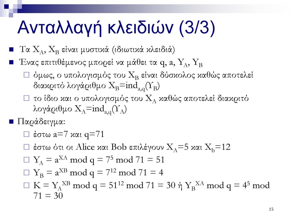 αποτελεί διακριτό λογάριθμο X A =ind a,q (Υ A ) Παράδειγμα: έστω a=7 και q=71 έστω ότι οι Αlice και Bob επιλέγουν X A =5 και X b =12