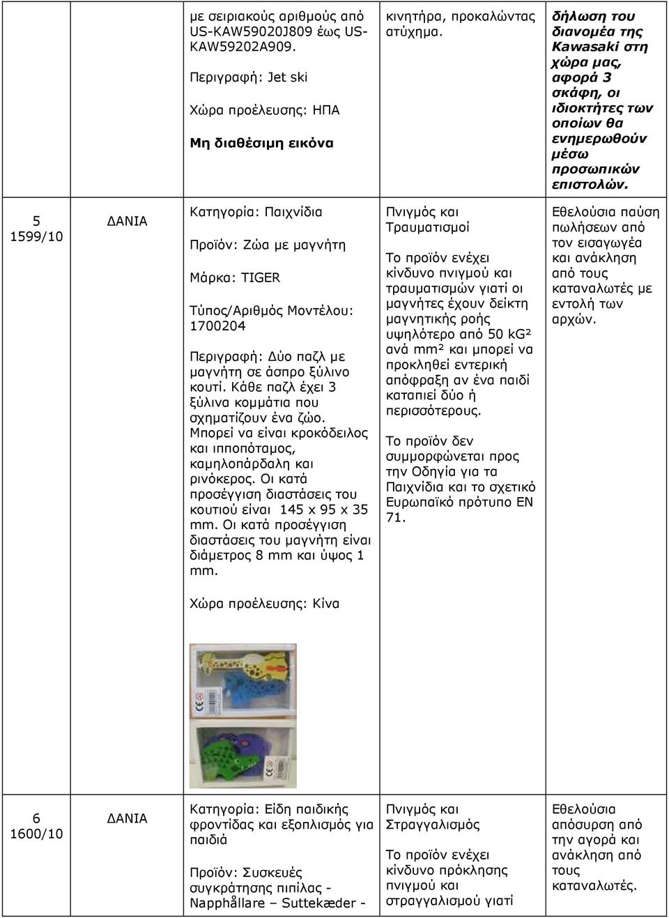 5 1599/10 ΑΝΙΑ Κατηγορία: Παιχνίδια Προϊόν: Ζώα µε µαγνήτη Μάρκα: TIGER 1700204 Περιγραφή: ύο παζλ µε µαγνήτη σε άσπρο ξύλινο κουτί. Κάθε παζλ έχει 3 ξύλινα κοµµάτια που σχηµατίζουν ένα ζώο.