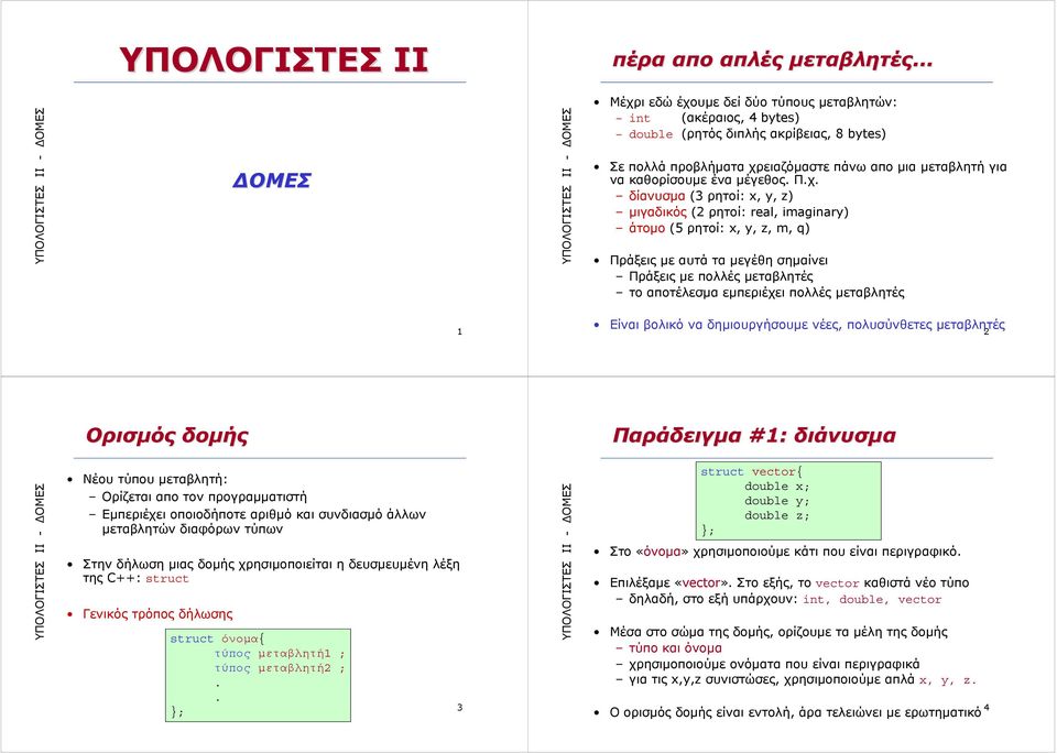 το αποτέλεσμα εμπεριέχει πολλές μεταβλητές 1 Είναι βολικό να δημιουργήσουμε νέες, πολυσύνθετες μεταβλητές Ορισμός δομής Παράδειγμα #1: διάνυσμα Νέου τύπου μεταβλητή: Ορίζεται απο τον προγραμματιστή