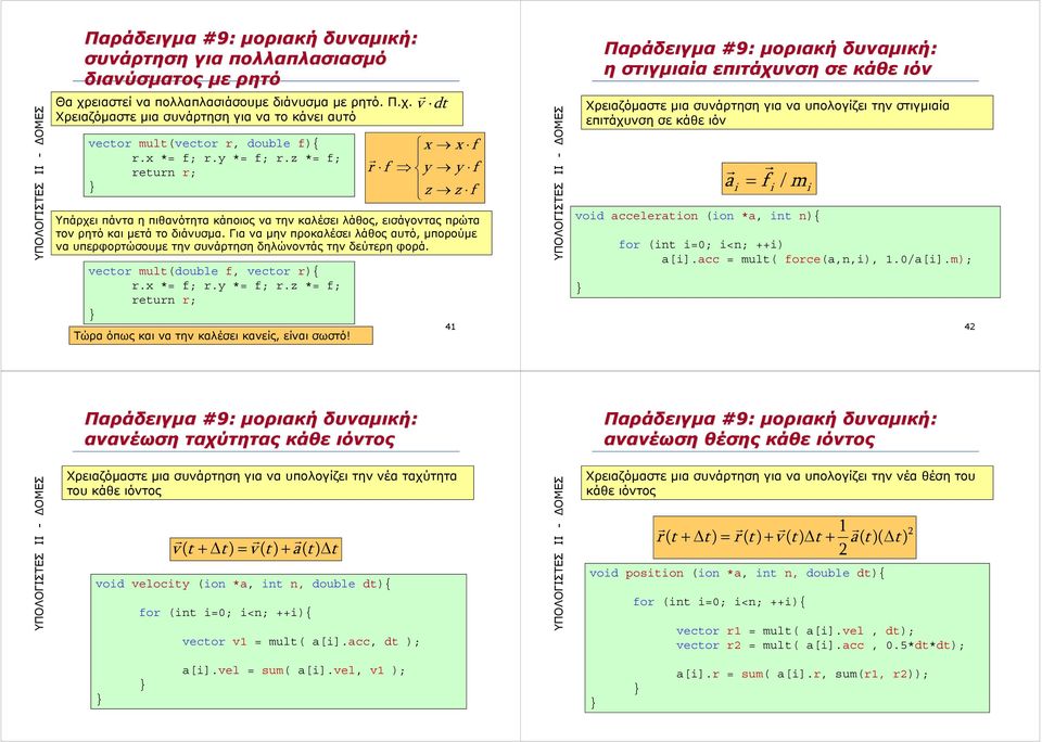 προκαλέσει λάθος αυτό, μπορούμε να υπερφορτώσουμε την συνάρτηση δηλώνοντάς την δεύτερη φορά vector mult(double f, vector r){ r *= f; ry *= f; r *= f; return r; Τώρα όπως και να την καλέσει κανείς,