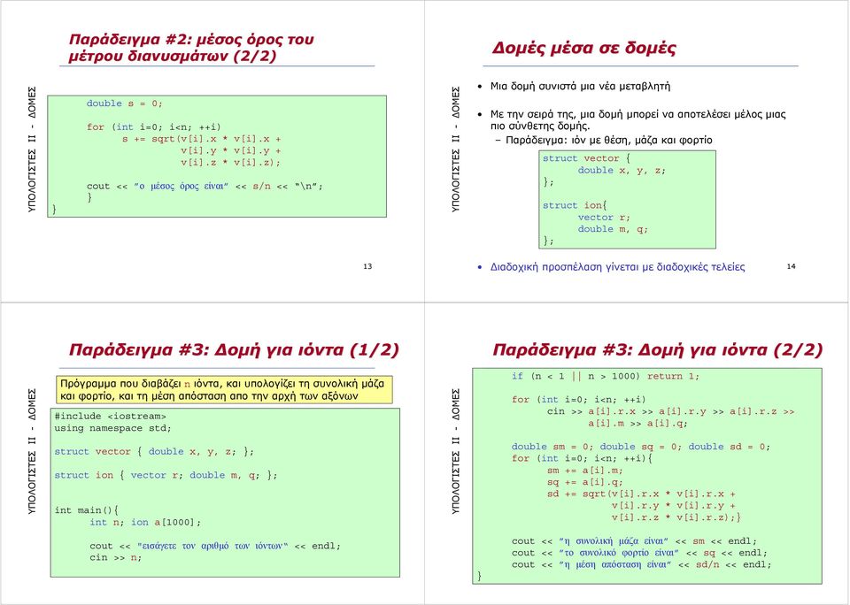 r; double m, q; ; 13 Διαδοχική προσπέλαση γίνεται με διαδοχικές τελείες 14 Παράδειγμα #3: Δομή για ιόντα (1/) Παράδειγμα #3: Δομή για ιόντα (/) Πρόγραμμα που διαβάζει n ιόντα, και υπολογίζει τη