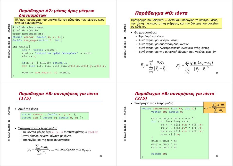 ave_magn(v, n) <<endl; 9 ιόντα Πρόγραμμα που διαβάζει n ιόντα και υπολογίζει το κέντρο μάζας, την ολική ηλεκτροστατική ενέργεια, και την δύναμη που ασκείται σε κάθε ιόν Θα χρειαστούμε: Την δομή για