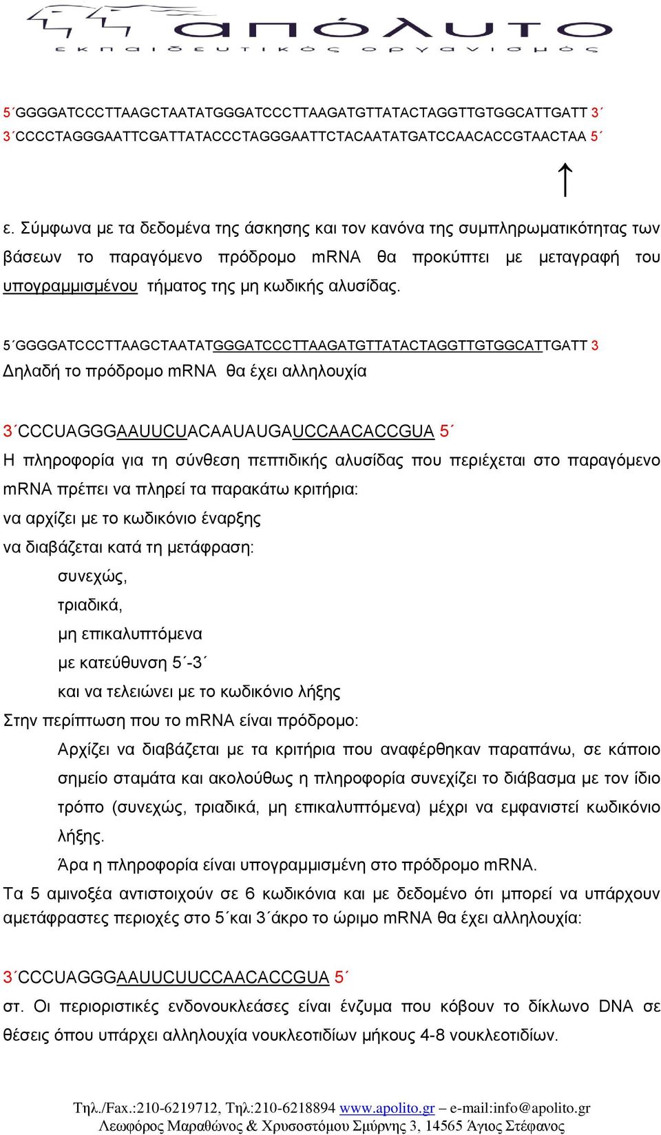 5 GGGGATCCCTTAAGCΤAΑTATGGGATCCCTTAAGATGTTATACTAGGTTGTGGCATTGATT 3 Γειαδή ην πξόδξνκν mrna ζα έρεη αιιεινπρία 3 CCCUAGGGAAUUCUACAAUAUGAUCCAACACCGUA 5 Η πιεξνθνξία γηα ηε ζύλζεζε πεπηηδηθήο αιπζίδαο