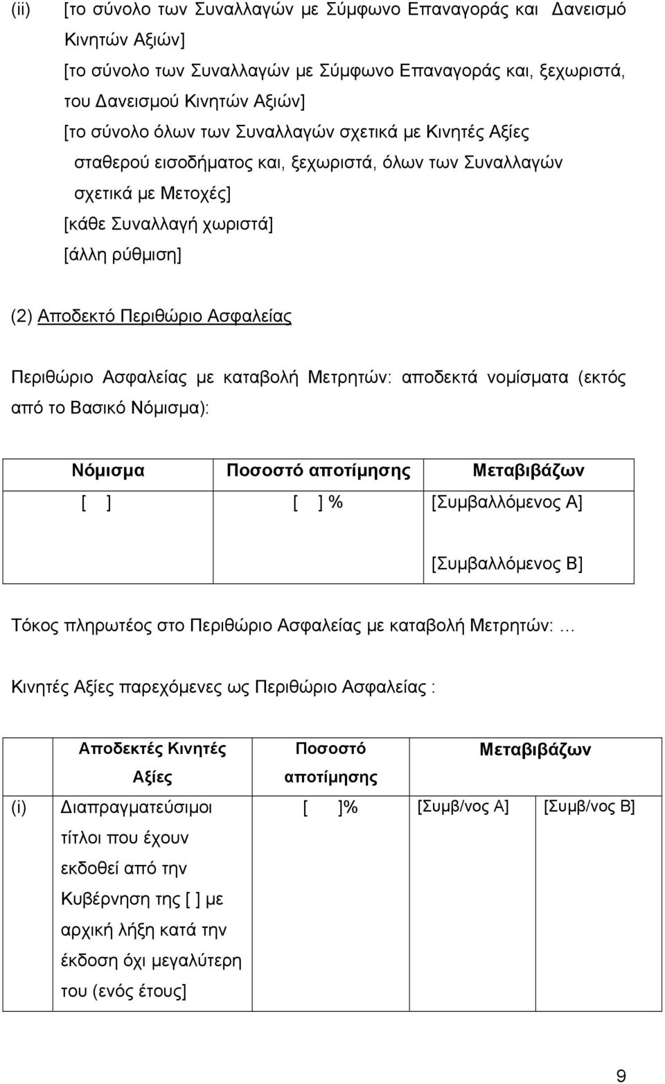 Ασφαλείας µε καταβολή Μετρητών: αποδεκτά νοµίσµατα (εκτός από το Βασικό Νόµισµα): Νόµισµα Ποσοστό αποτίµησης Μεταβιβάζων [ ] [ ] % [Συµβαλλόµενος Α] [Συµβαλλόµενος Β] Τόκος πληρωτέος στο Περιθώριο