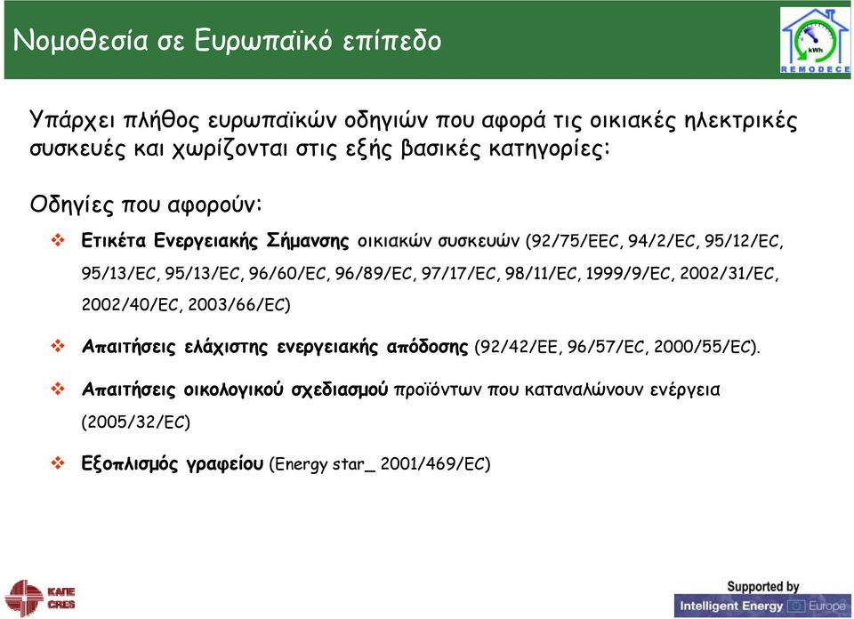 96/89/EC, 97/17/EC, 98/11/EC, 1999/9/EC, 2002/31/EC, 2002/40/EC, 2003/66/EC) Απαιτήσεις ελάχιστης ενεργειακής απόδοσης (92/42/EE, 96/57/EC,