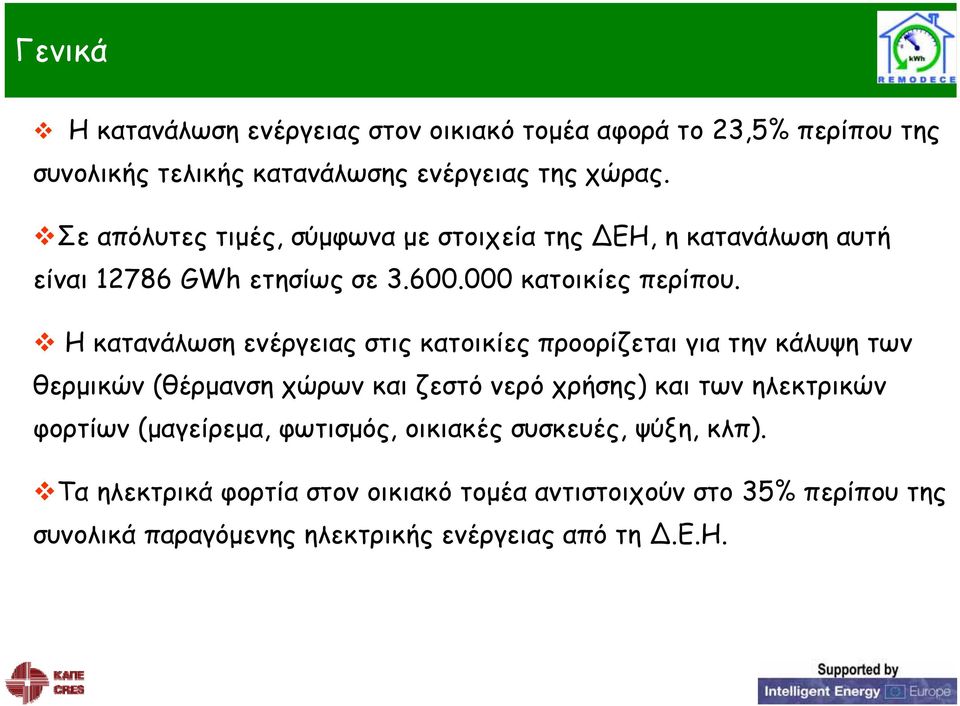 Η κατανάλωση ενέργειας στις κατοικίες προορίζεται για την κάλυψη των θερμικών (θέρμανση χώρων και ζεστό νερό χρήσης) και των ηλεκτρικών φορτίων