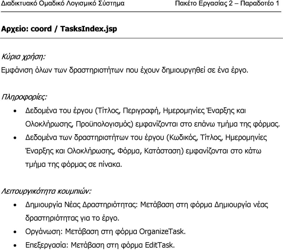 εδοµένα των δραστηριοτήτων του έργου (Κωδικός, Τίτλος, Ηµεροµηνίες Έναρξης και Ολοκλήρωσης, Φόρµα, Κατάσταση) εµφανίζονται στο κάτω τµήµα