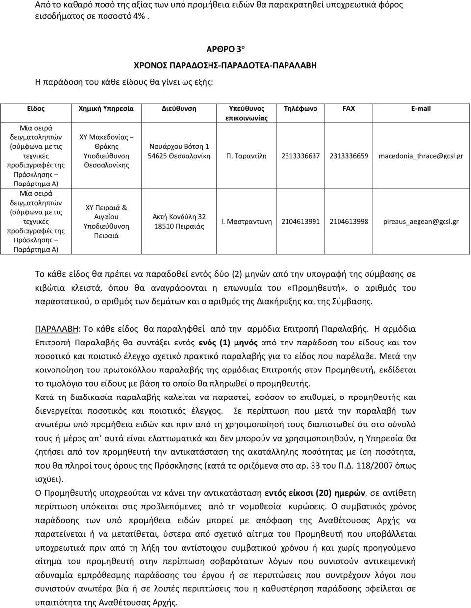 προδιαγραφές της Πρόσκλησης Παράρτημα Α) Μία σειρά δειγματοληπτών (σύμφωνα με τις τεχνικές προδιαγραφές της Πρόσκλησης Παράρτημα Α) ΧΥ Μακεδονίας Θράκης Υποδιεύθυνση Θεσσαλονίκης ΧΥ Πειραιά & Αιγαίου