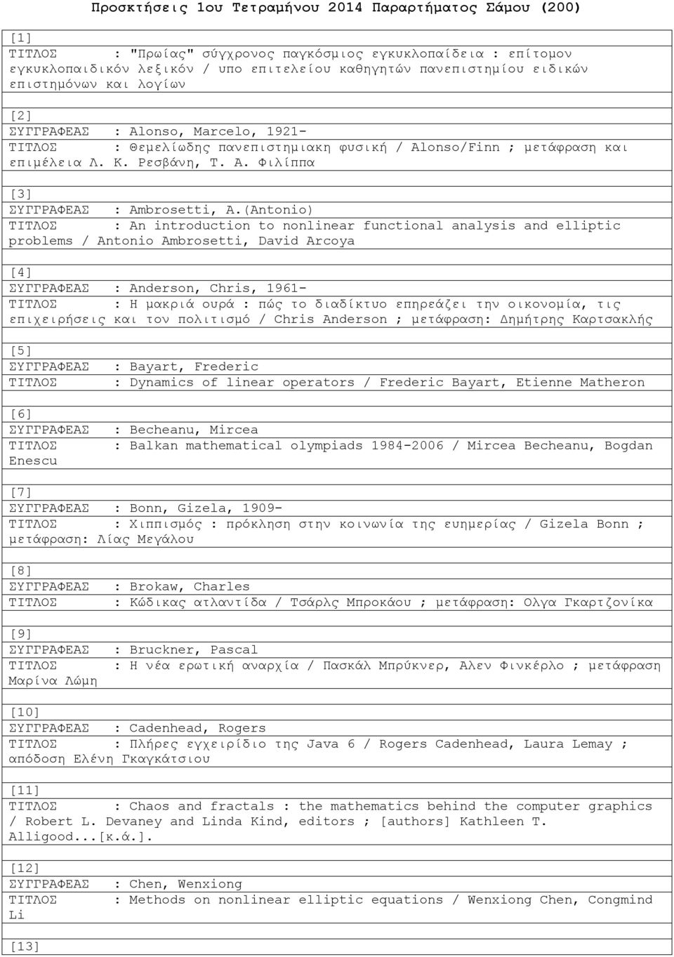 (Antonio) : An introduction to nonlinear functional analysis and elliptic problems / Antonio Ambrosetti, David Arcoya [4] : Anderson, Chris, 1961- : Η μακριά ουρά : πώς το διαδίκτυο επηρεάζει την