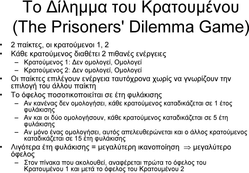 κρατούμενος καταδικάζεται σε 1 έτος φυλάκισης Αν και οι δύο ομολογήσουν, κάθε κρατούμενος καταδικάζεται σε 5 έτη φυλάκισης Αν μόνο ένας ομολογήσει, αυτός απελευθερώνεται και ο άλλος κρατούμενος