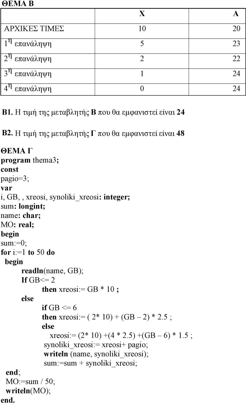 real; begin sum:=0; for i:=1 to 50 do begin readln(name, GB); If GB<= 2 then xreosi:= GB * 10 ; else if GB <= 6 then xreosi:= ( 2* 10) + (GB 2) * 2.