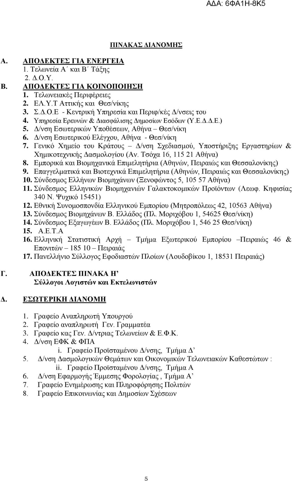 Γεληθό Φεκείν ηνπ Κξάηνπο Γ/λζε Σρεδηαζκνύ, Υπνζηήξημεο Δξγαζηεξίσλ & Φεκηθνηερληθήο Γαζκνινγίνπ (Αλ. Τζόρα 16, 115 21 Αζήλα) 8.