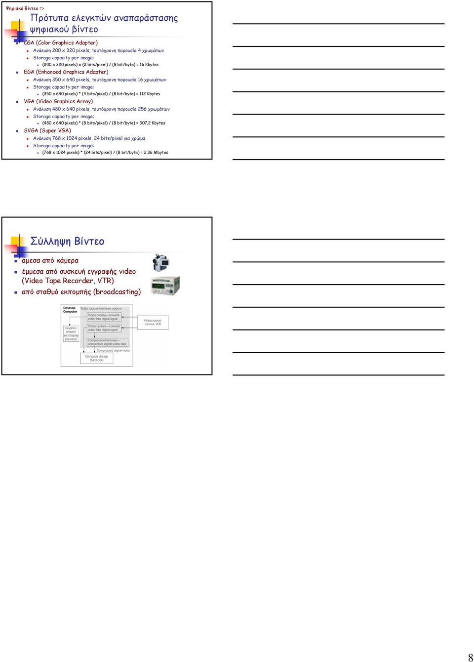 (8 bit/byte) = 112 Kbytes VGA (Video Graphics Array) Ανάλυση 480 x 640 pixels, ταυτόχρονη παρουσία 256 χρωµάτων Storage capacity per image: (480 x 640 pixels) * (8 bits/pixel) / (8 bit/byte) = 307,2
