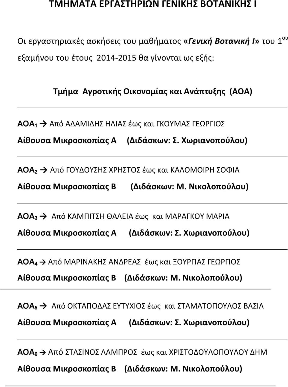 Χωριανοπούλου) ΑΟΑ 2 Από ΓΟΥΔΟΥΣΗΣ ΧΡΗΣΤΟΣ έως και ΚΑΛΟΜΟΙΡΗ ΣΟΦΙΑ (Διδάσκων: Μ. Νικολοπούλου) ΑΟΑ 3 Από ΚΑΜΠΙΤΣΗ ΘΑΛΕΙΑ έως και ΜΑΡΑΓΚΟΥ ΜΑΡΙΑ (Διδάσκων: Σ.