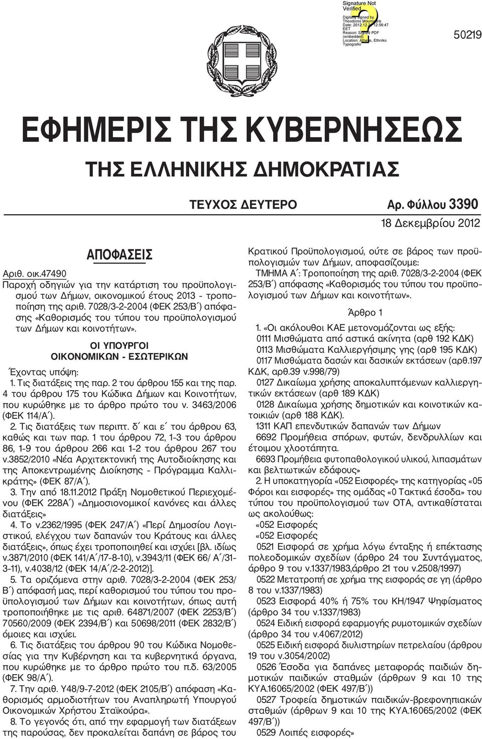 7028/3 2 2004 (ΦΕΚ 253/Β ) απόφα σης «Καθορισμός του τύπου του προϋπολογισμού των Δήμων και κοινοτήτων». ΟΙ ΥΠΟΥΡΓΟΙ ΟΙΚΟΝΟΜΙΚΩΝ ΕΣΩΤΕΡΙΚΩΝ Έχοντας υπόψη: 1. Τις διατάξεις της παρ.