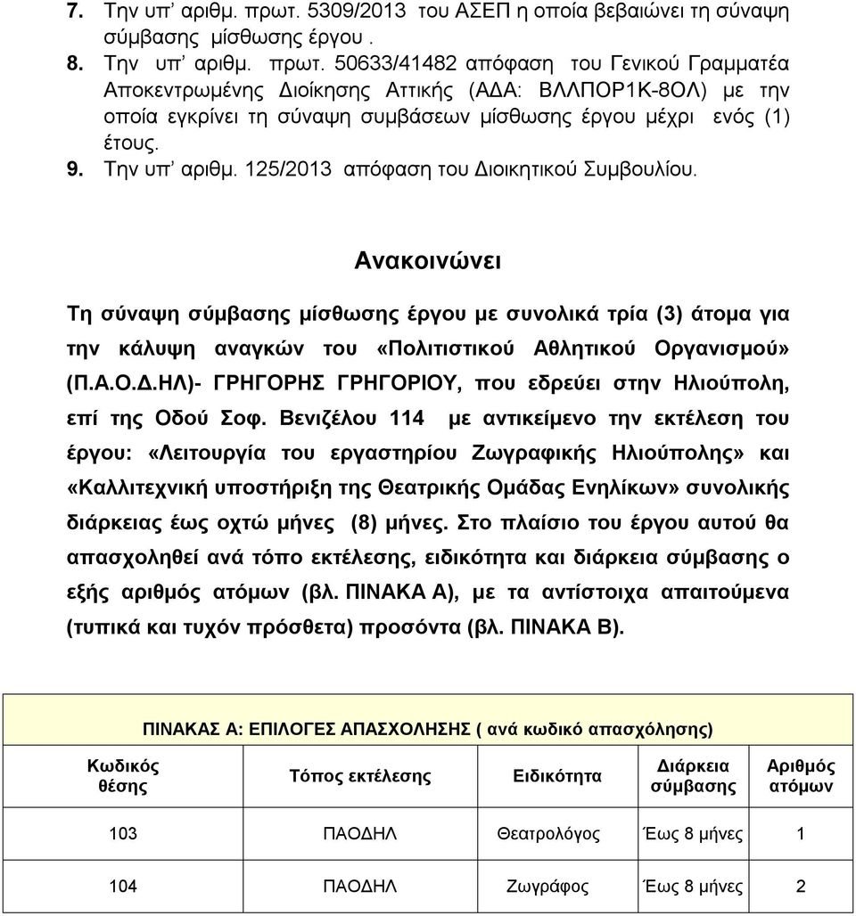 Ανακοινώνει Τη σύναψη σύμβασης μίσθωσης έργου με συνολικά τρία (3) άτομα για την κάλυψη αναγκών του «Πολιτιστικού Αθλητικού Οργανισμού» (Π.Α.Ο.Δ.