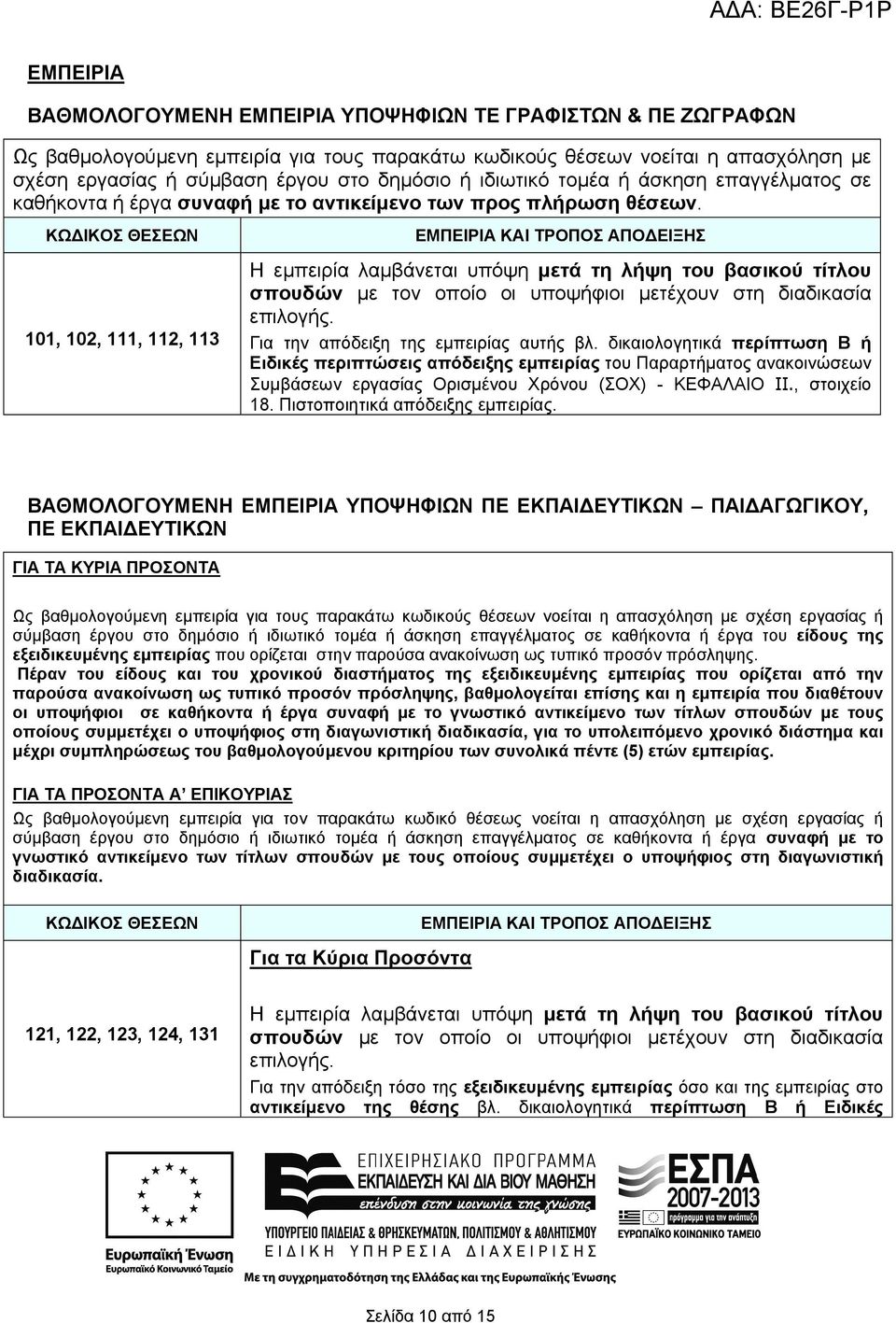 ΚΩΔΙΚΟΣ ΘΕΣΕΩΝ 101, 102, 111, 112, 113 ΕΜΠΕΙΡΙΑ ΚΑΙ ΤΡΟΠΟΣ ΑΠΟΔΕΙΞΗΣ Η εμπειρία λαμβάνεται υπόψη μετά τη λήψη του βασικού τίτλου σπουδών με τον οποίο οι υποψήφιοι μετέχουν στη διαδικασία επιλογής.