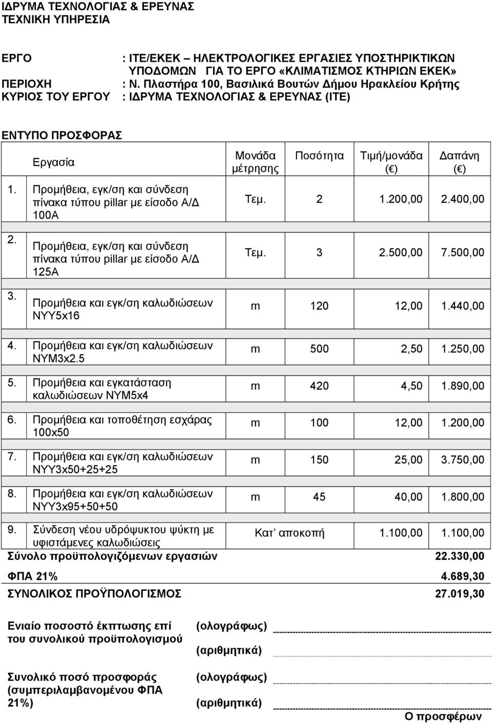 Προμήθεια και εγκατάσταση καλωδιώσεων ΝΥΜ5x4 6. Προμήθεια και τοποθέτηση εσχάρας 100x50 7. Προμήθεια και εγκ/ση καλωδιώσεων ΝΥΥ3x50+25+25 8.