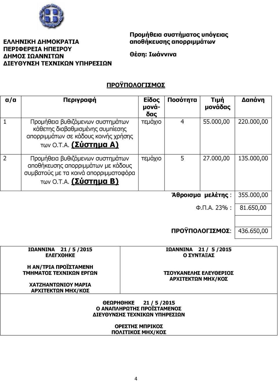 000,00 2 Προμήθεια βυθιζόμενων συστημάτων αποθήκευσης απορριμμάτων με κάδους συμβατούς με τα κοινά απορριμματοφόρα των Ο.Τ.Α. (Σύστημα Β) τεμάχιο 5 27.000,00 135.000,00 Άθροισμα μελέτης : 355.