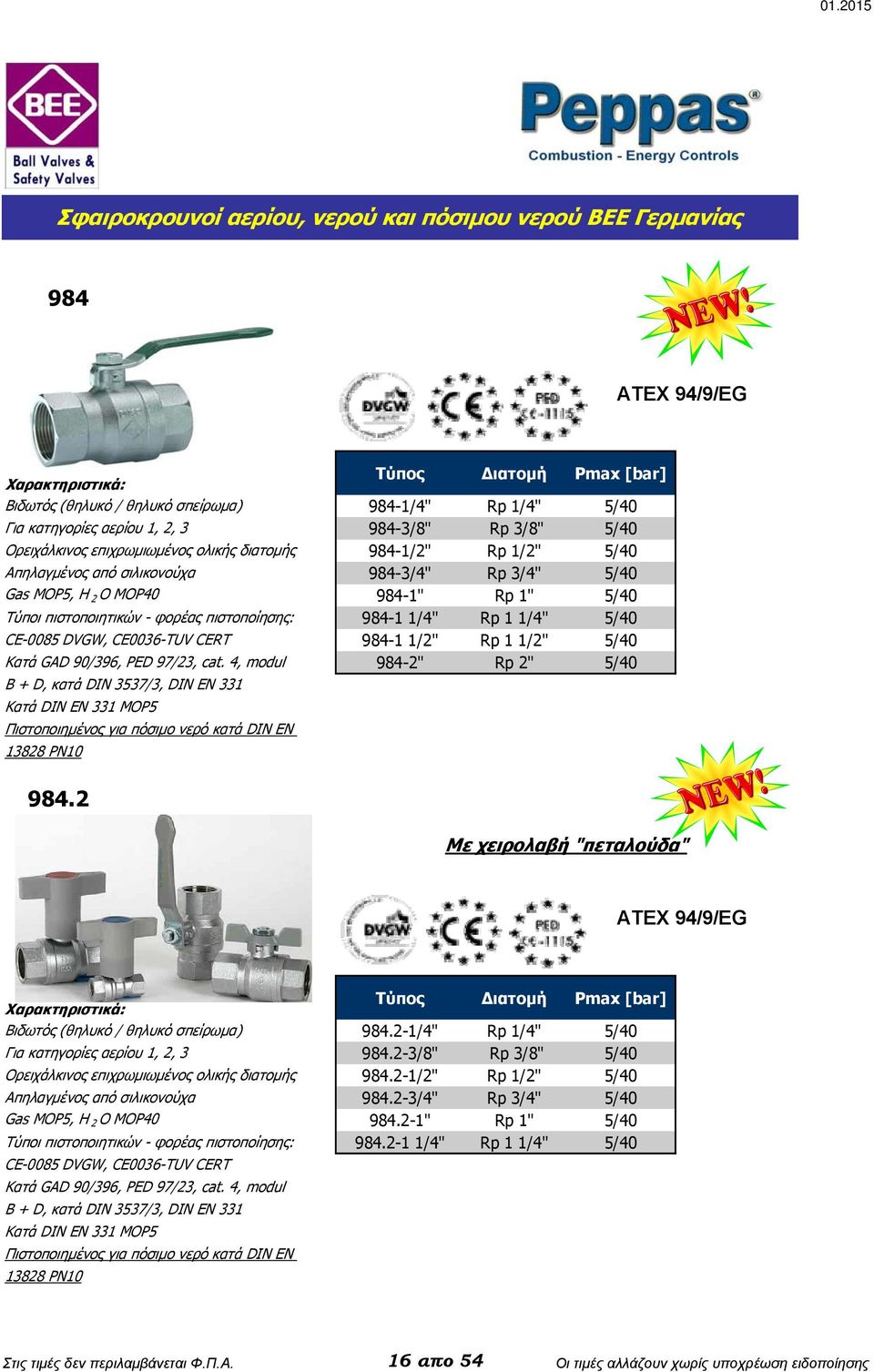 4, modul B + D, κατά DIN 3537/3, DIN EN 331 Κατά DIN EN 331 MOP5 Πιστοποιημένος για πόσιμο νερό κατά DIN EN 13828 PN10 [bar] 984-1/4" Rp 1/4" 5/40 984-3/8" Rp 3/8" 5/40 984-1/2" Rp 1/2" 5/40 984-3/4"